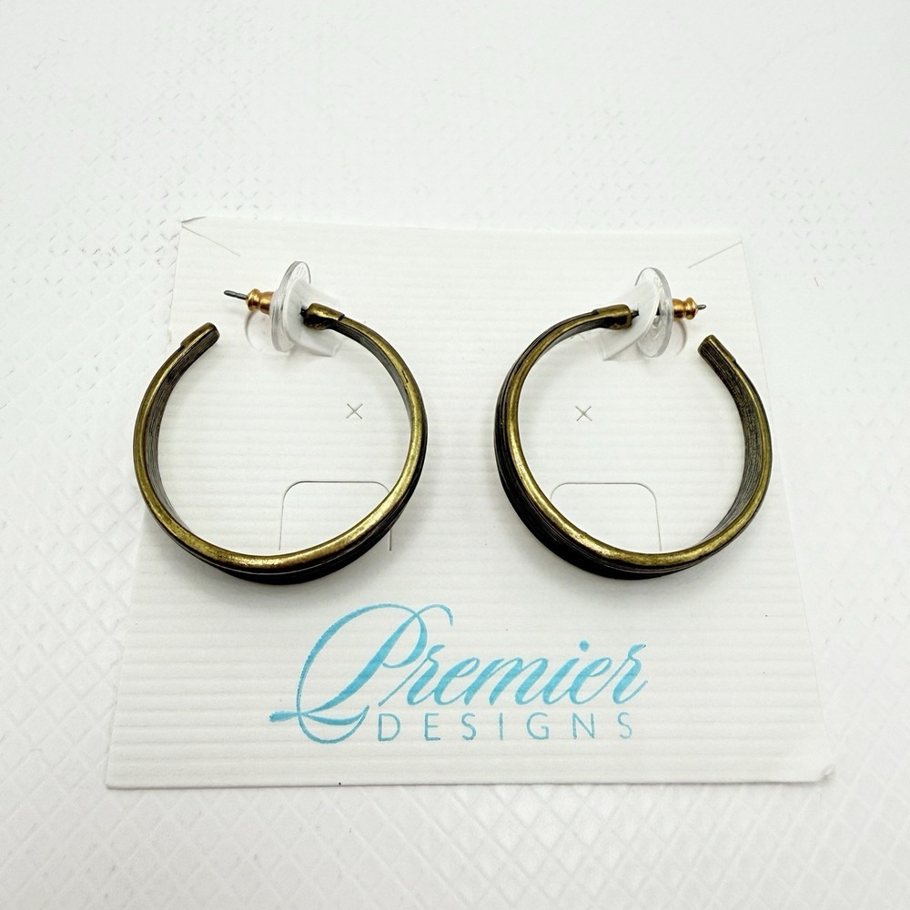Premier Designs Gold Tone Hoop Earrings Ribbed Finish 1.25" Post